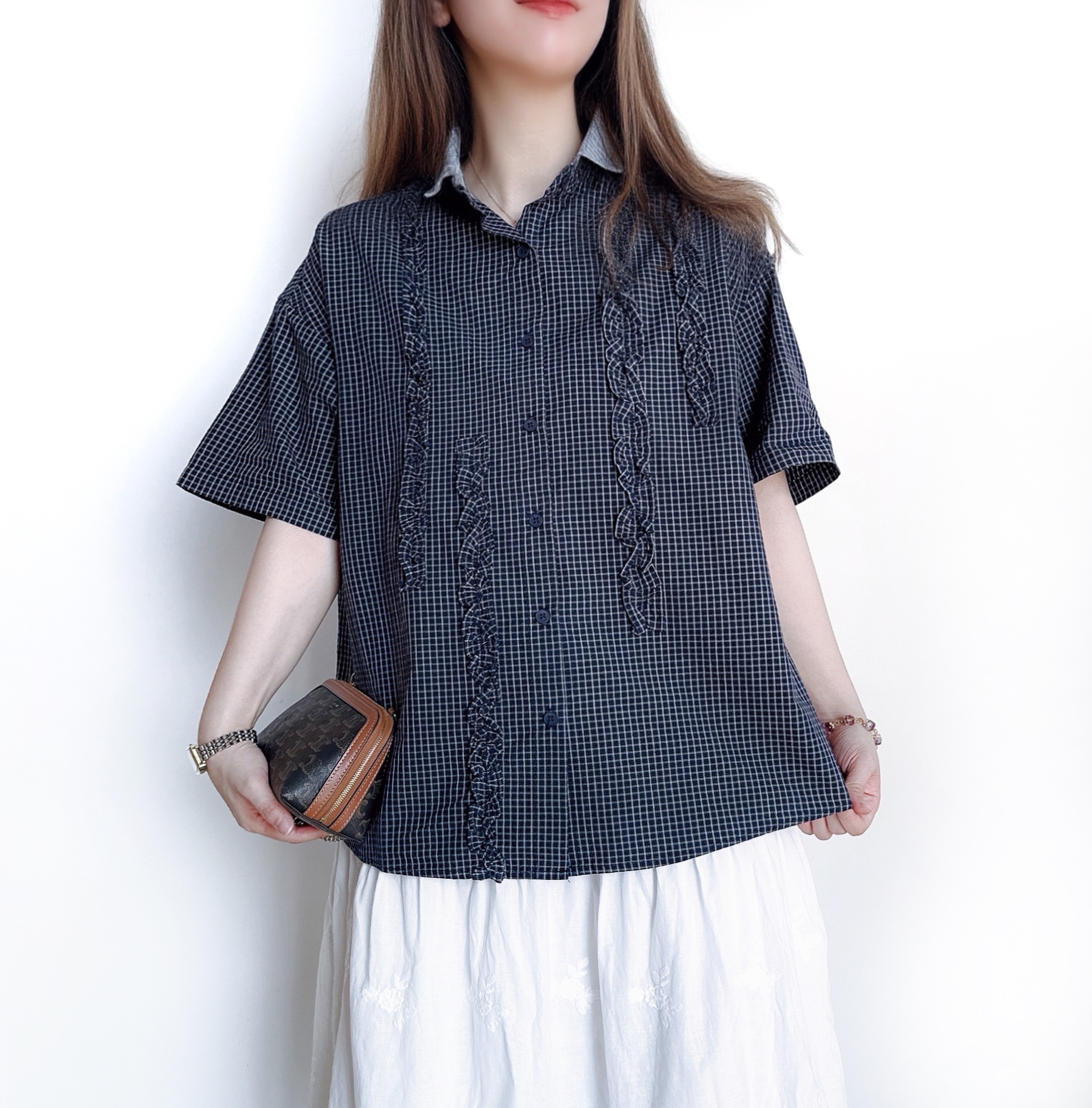 日系格紋Ruffle Top