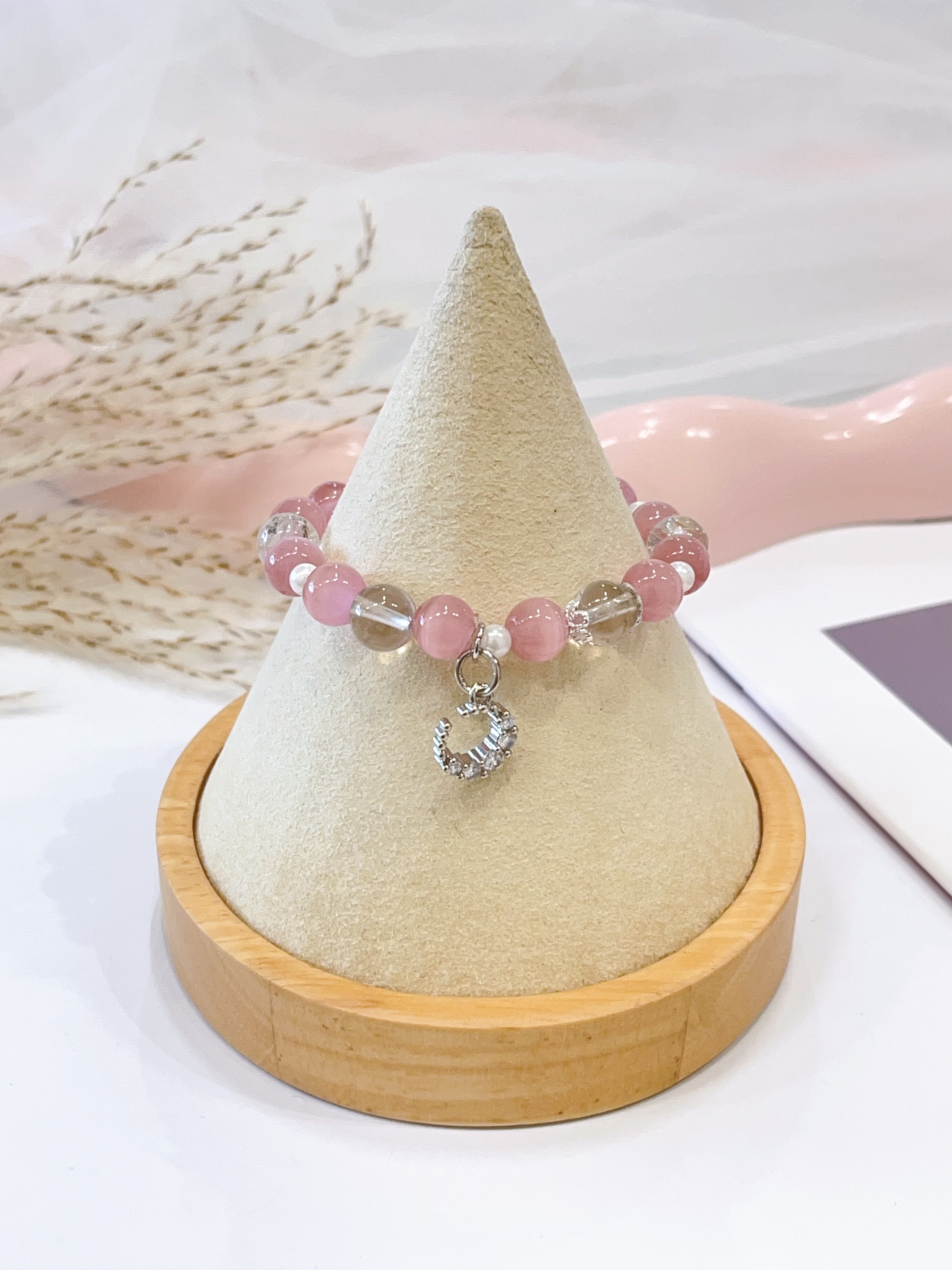 🌸🤍 粉色猫眼石 × 白水晶 × 珍珠手串 Pink Cat’s Eye Stone, Clear Quartz & Freshwater Pearl