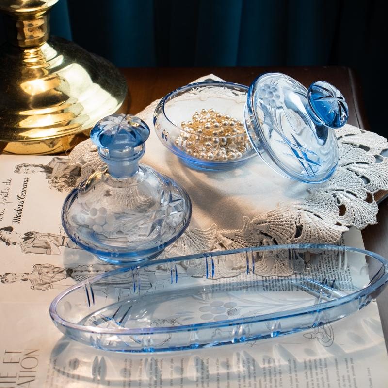 Vintage Mid-Century German Etched Pattern Glass Dressing Table Set - Tray , Powder Box & Perfume bottle (MW018)