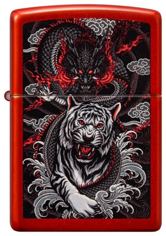 Zippo 龍虎雙煞 猛虎與龍設計48933  |金屬紅色表面| 防風打火機 | ZIPPO 指定授權經銷商 |美國製造 | 收藏