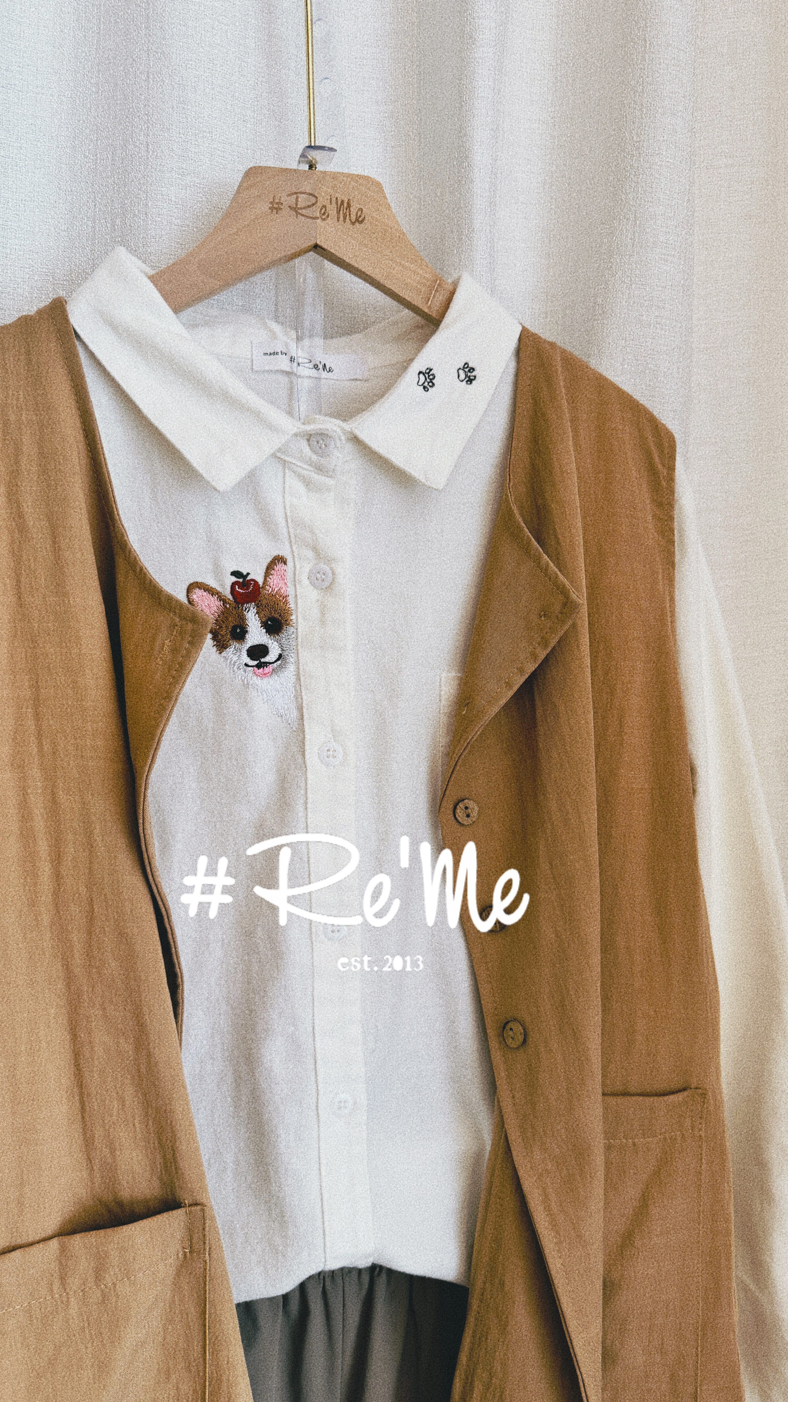   【Re‘Me Embroidery】Peeking Corgi 刺绣磨毛白衬衫