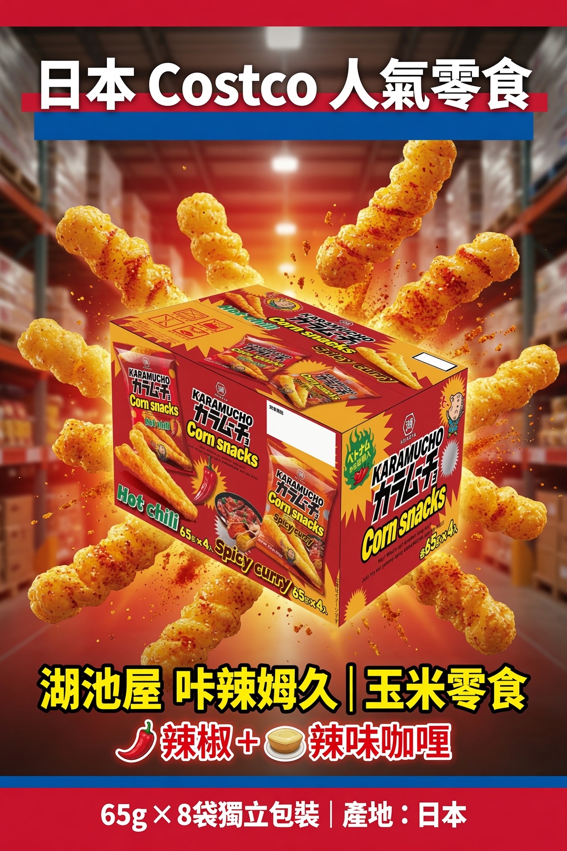 日本Costco  湖池屋 咔辣姆久 玉米零食 辣味/辣味咖哩 65g x 8袋