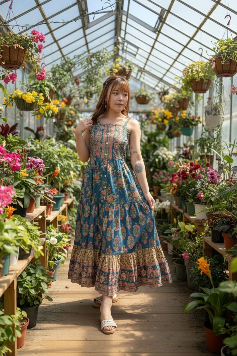 #1528 Blue Golden Floral Milktea Edge Sleeveless OP