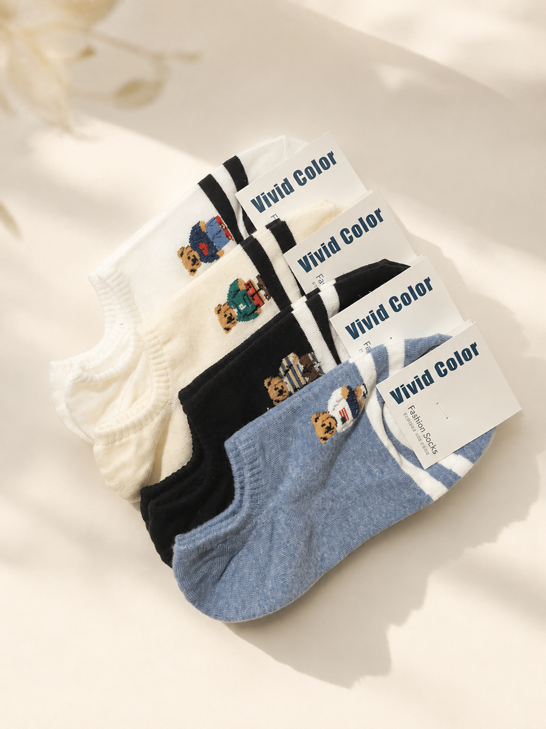 Korean Bear & Stripe Low Socks