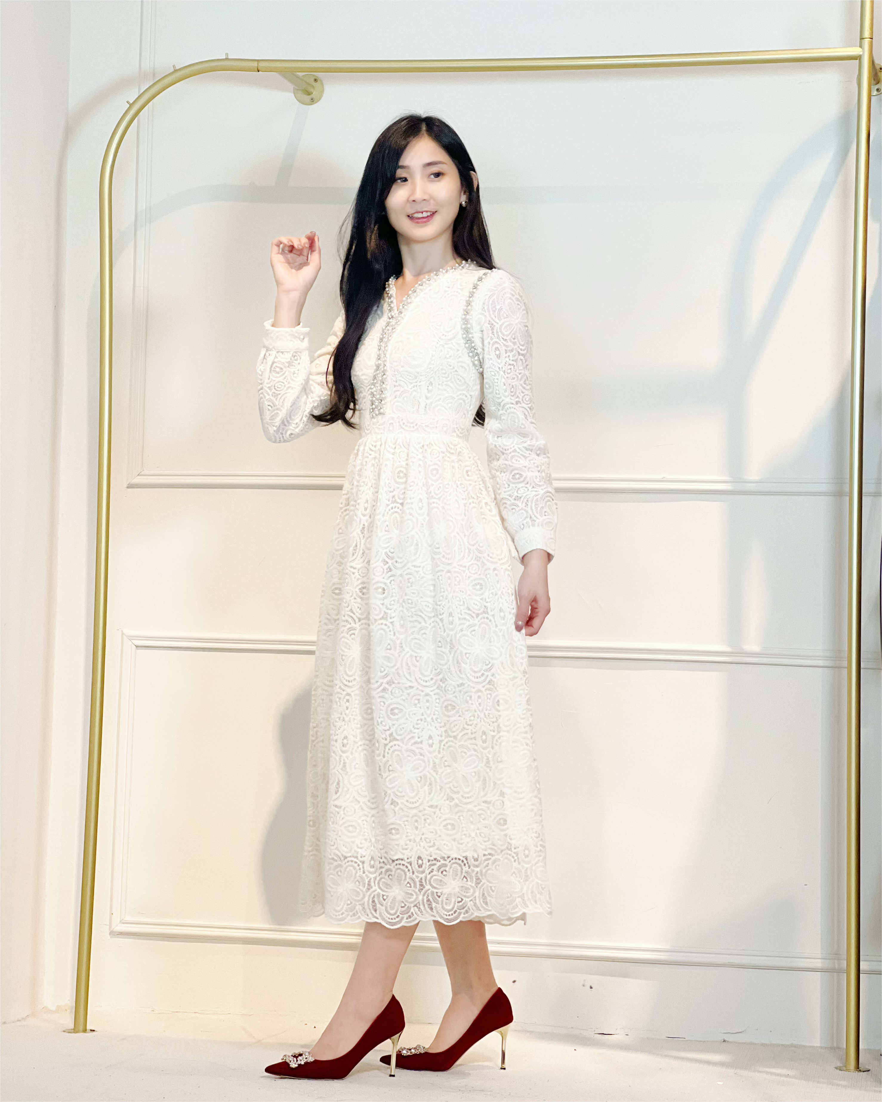 5079 Seraphina Pearl-Trim Lace Dress