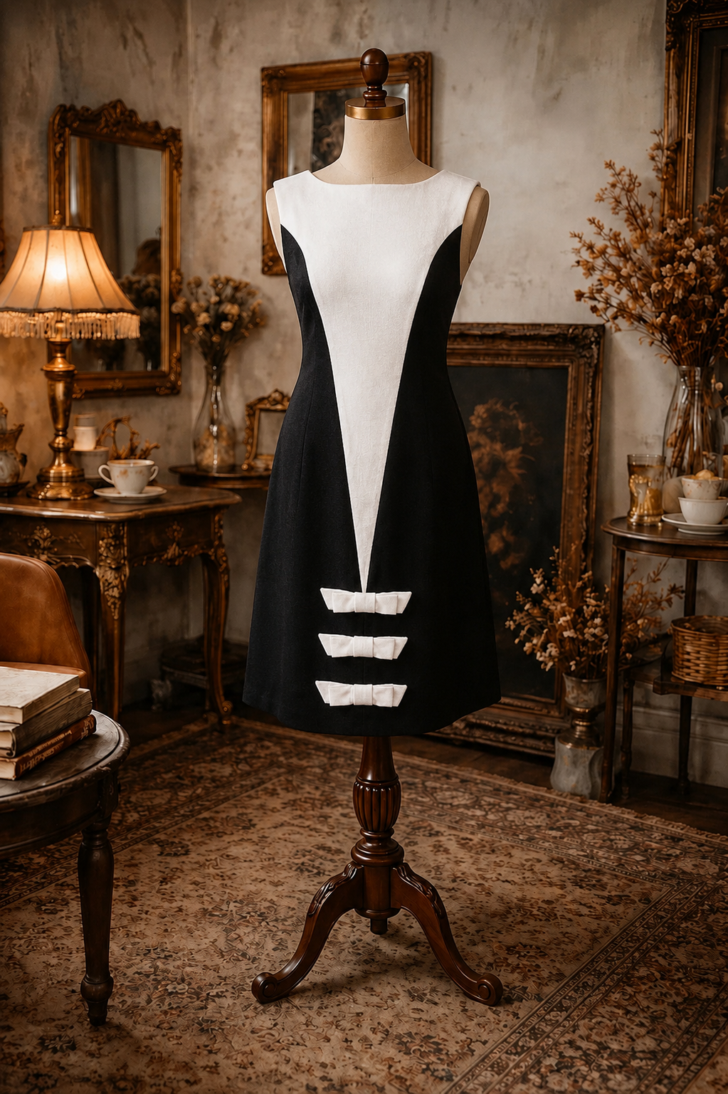Rare! 1960s Black and Cream White MOD Summer Dress with Bow Accent - Dry Clean only(MT2526)
