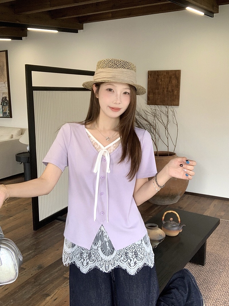 B116(36686) 法式假两件拼里蕾丝系带V领黑紫上衣