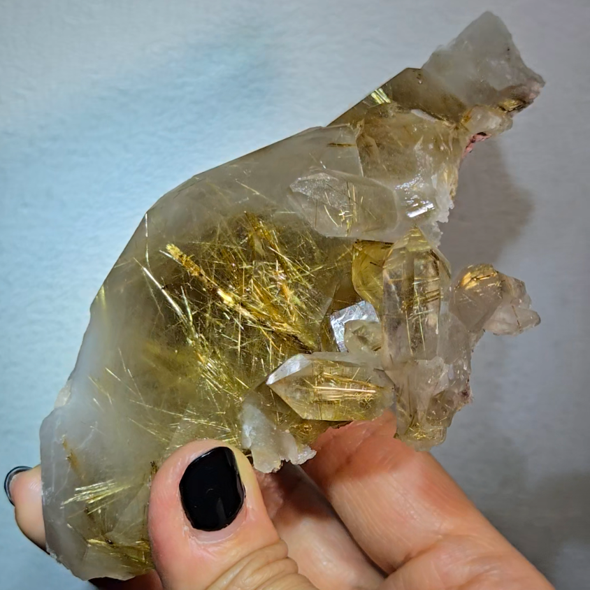 Golden titanium rutiles on black hematite in quartz cluster - RT1443