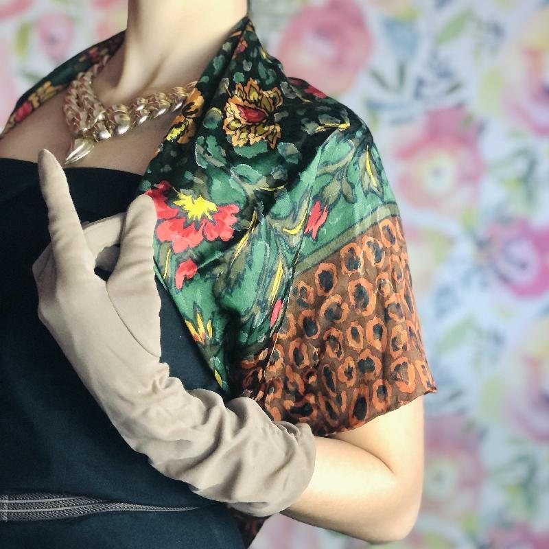 Vintage Givenchy Leopard Pattern and Floral Hand Rolled Edge Silk Scarf - 34" (MT1623-2)