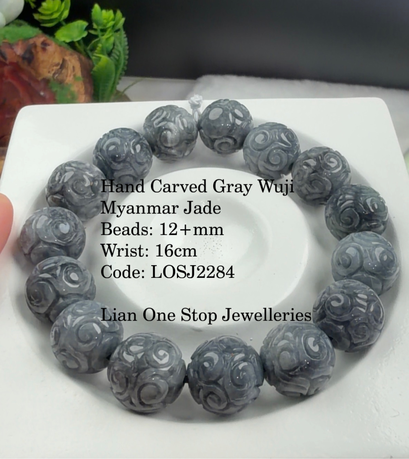 Code: LOSJ2284 Hand Carved Gray Wuji Myanmar Jade 12+mm