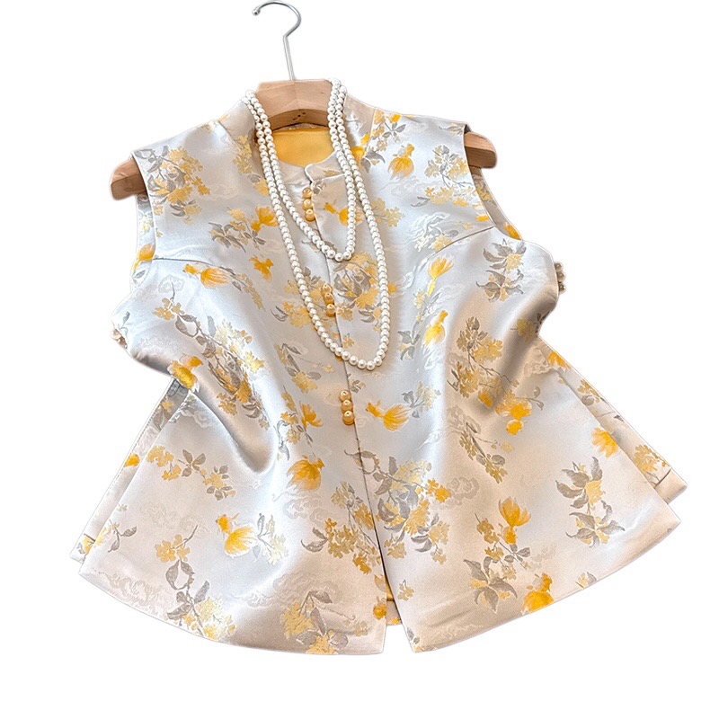 B36(0303) 新中式唐装复古前间隔与边三珠钮金鱼黄马甲上衣