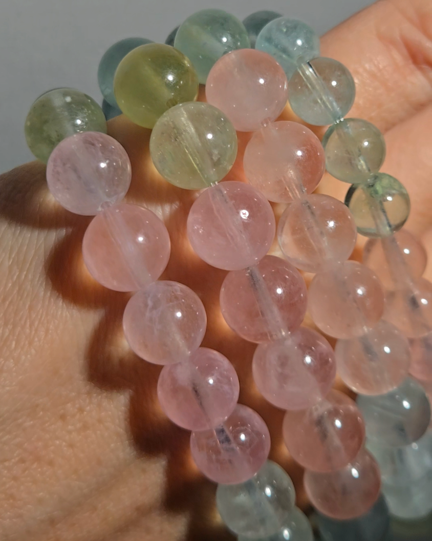 Morganite bracelets with 9mm beads in pink, blue, and green - MGN21
