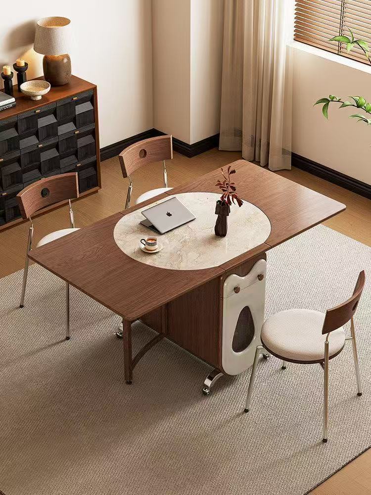 岩板餐枱連餐椅組合 可移動摺疊實木餐枱 家用細單位多人飯枱 dining table