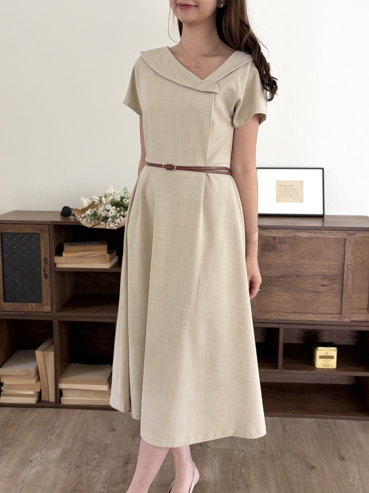 Sailor Collar Belted Dress (Beige)