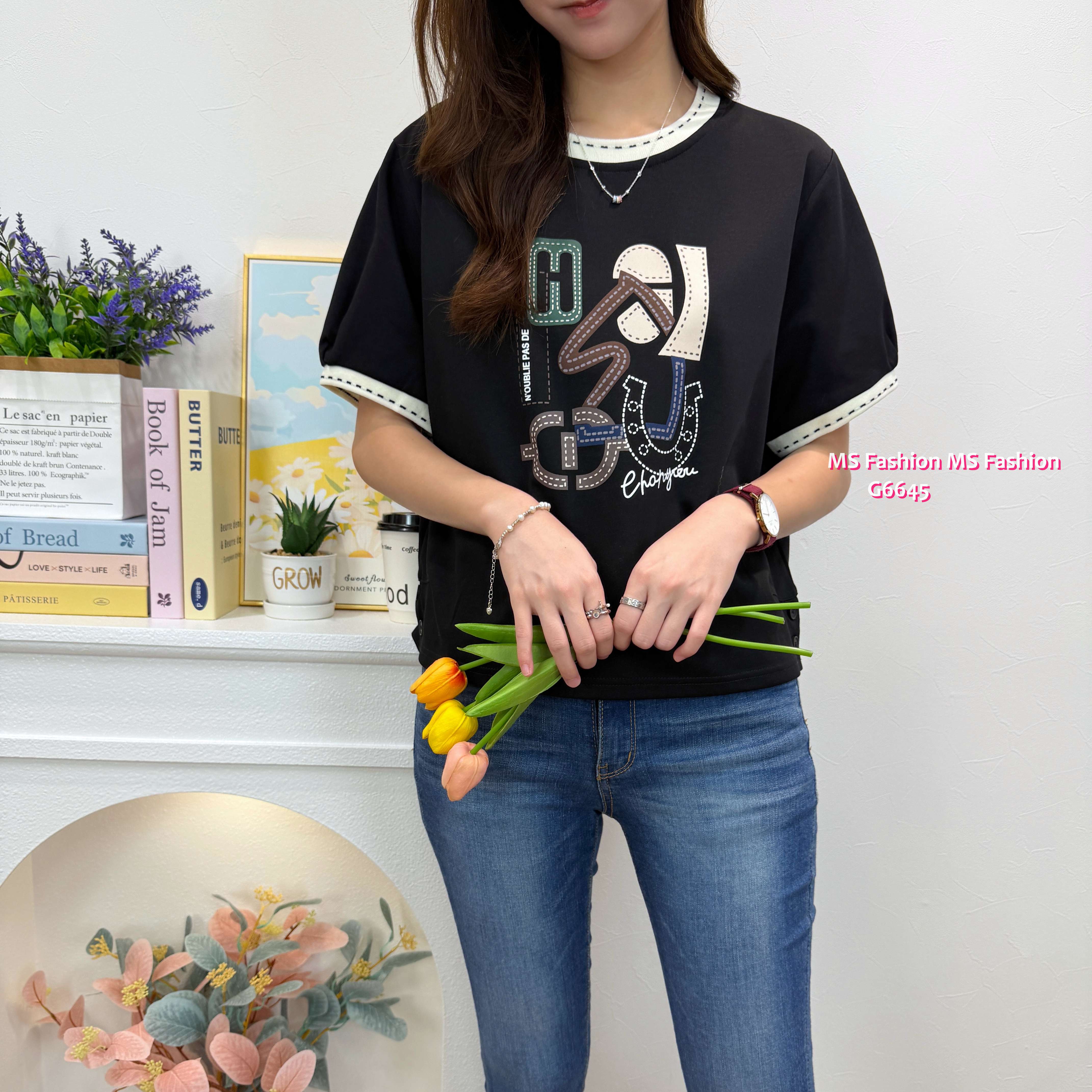 G6645 靚print拼邊top