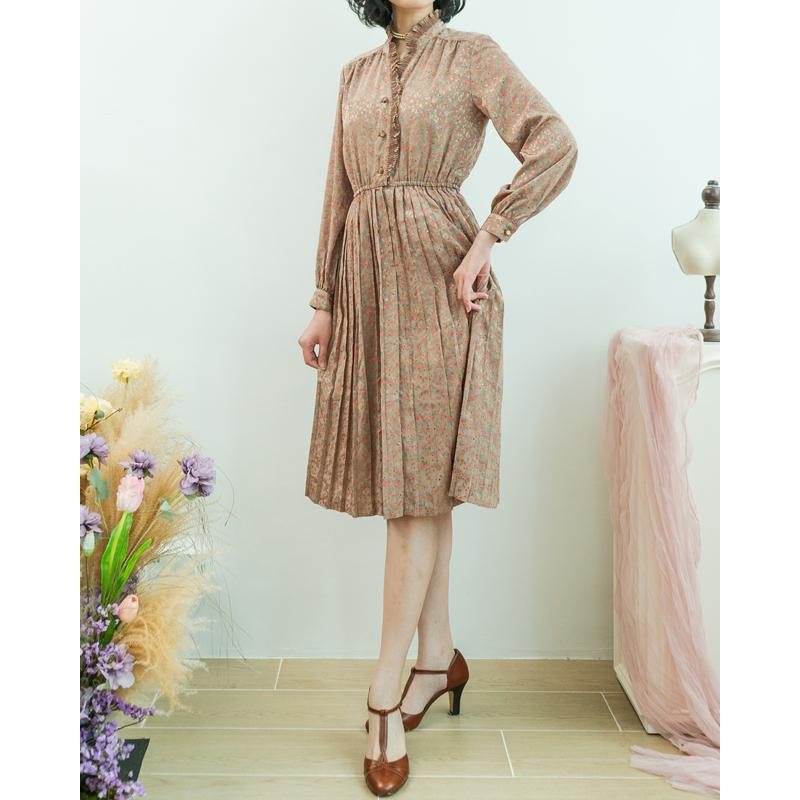 Vintage Japanese Sanyo Ruffle Trimmed Floral Beige Dress(MT1608-91)