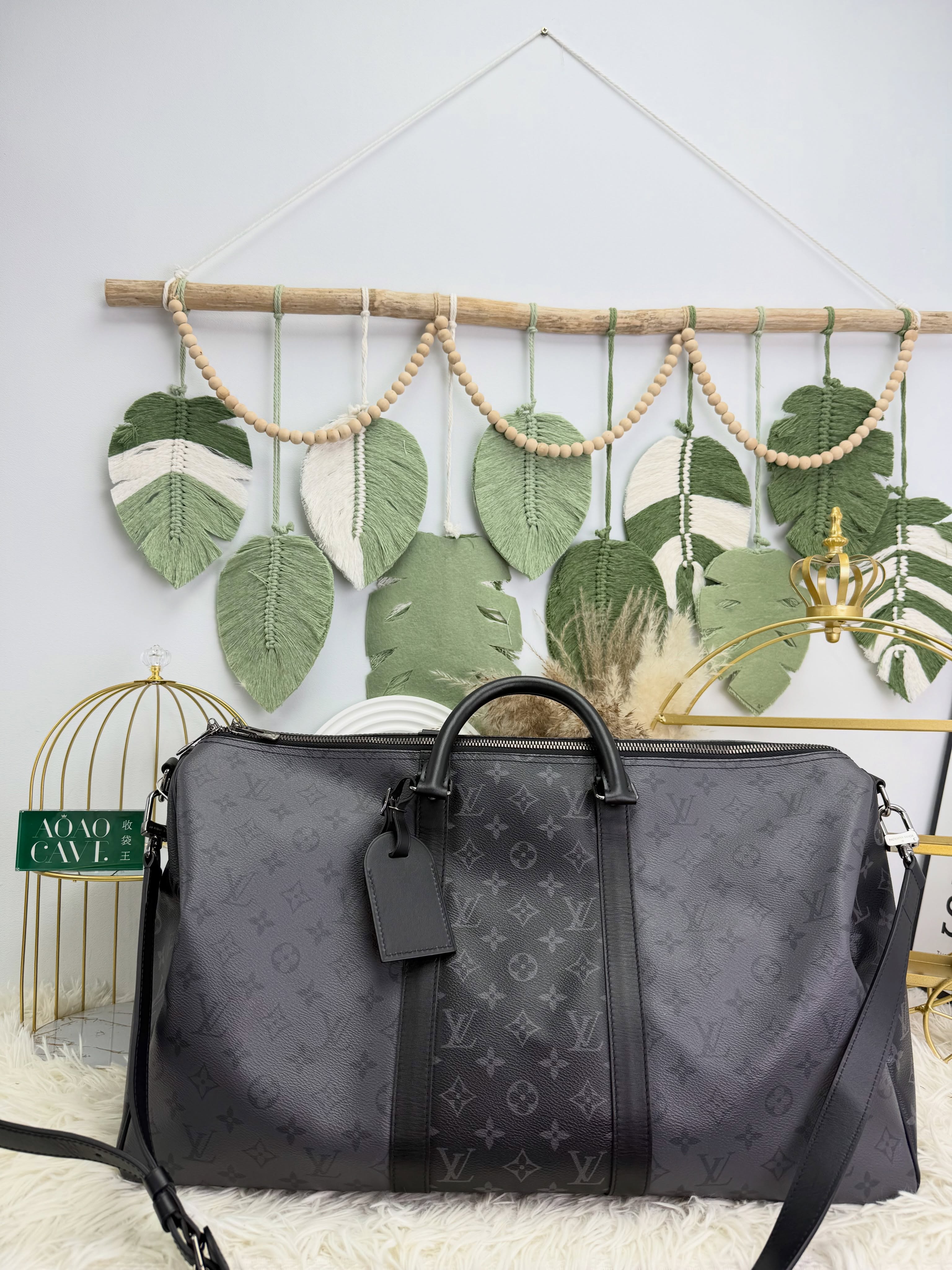 Lv👜 PRE OWNED 🛍️黑灰老花 Keepall Bandoulière 50 旅行袋🖤