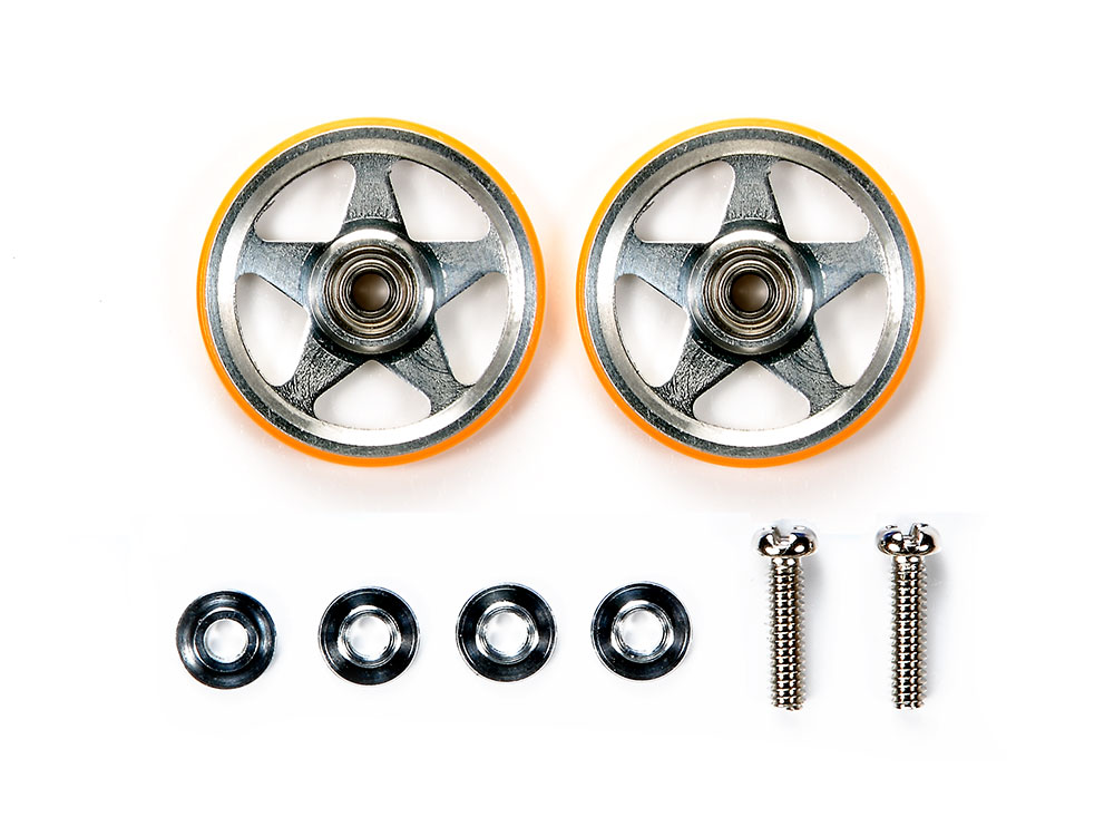 19mm ALUMINUM ROLLERS (5 SPOKES) w/PLASTIC RINGS (ORANGE)