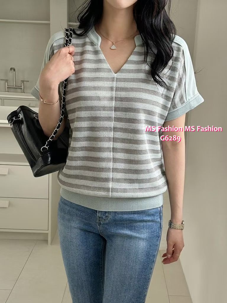 G6289 韓國🇰🇷V領橫間拼布top