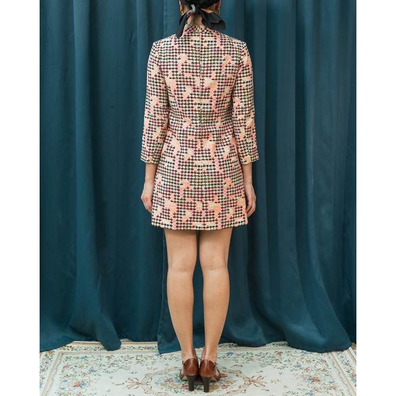 Vintage Japanese 1960s MOD Floral Pattern Long Sleeve Shift Mini Skirt Dress（MT1541-27）