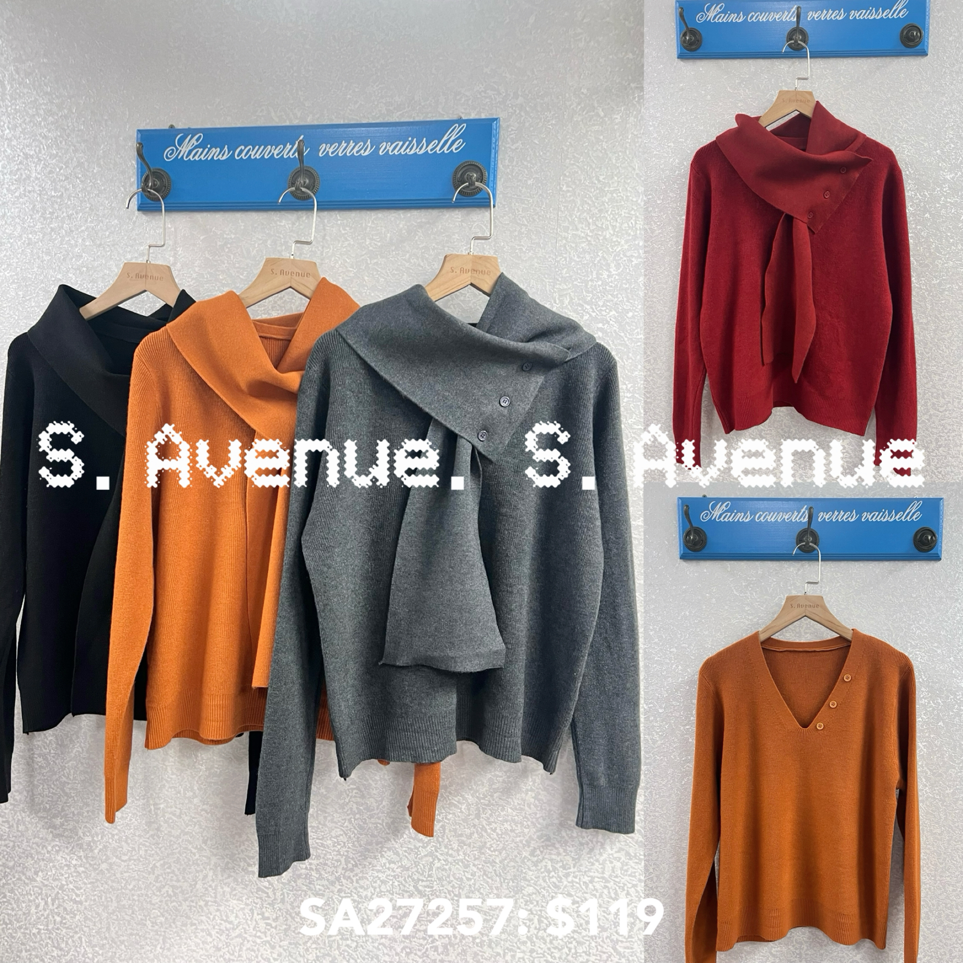 SA27257:長袖V領淨色冷top扣頸巾