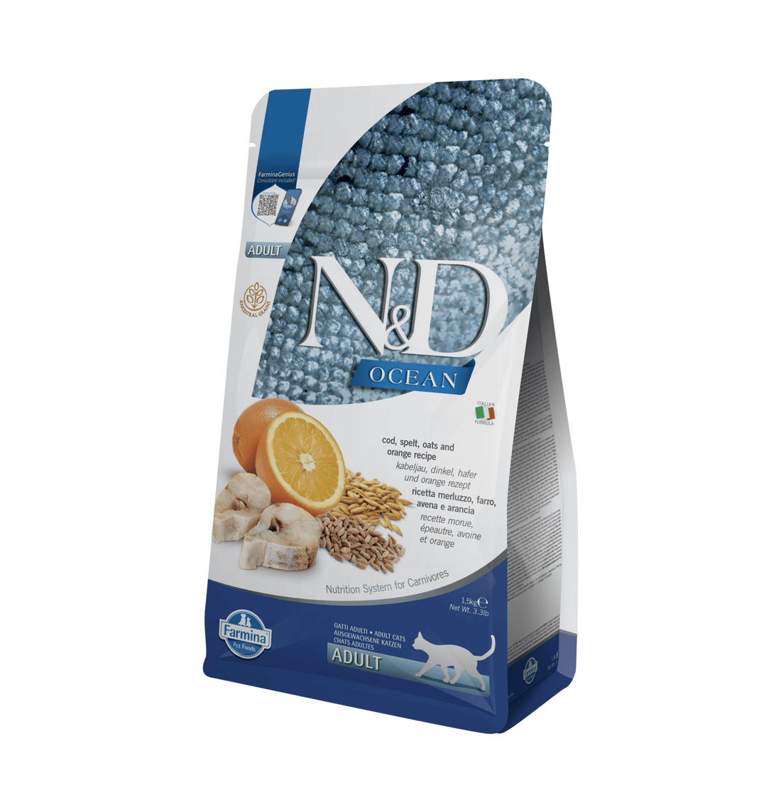 Farmina N&D 海洋-低穀物 鱈魚&香橙 成貓乾糧 1.5kg