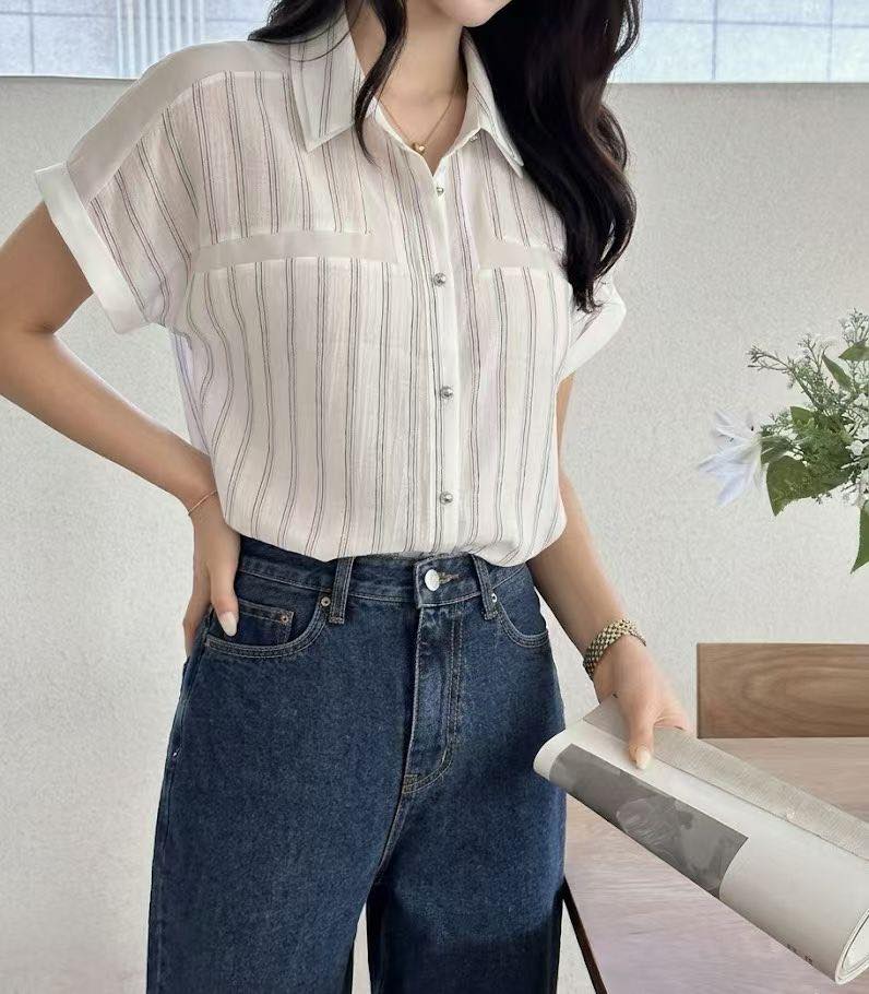 法式復古條紋短袖恤衫 