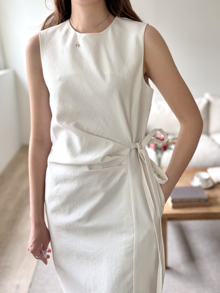 Gathered Waist Tie Dress (Ivory)