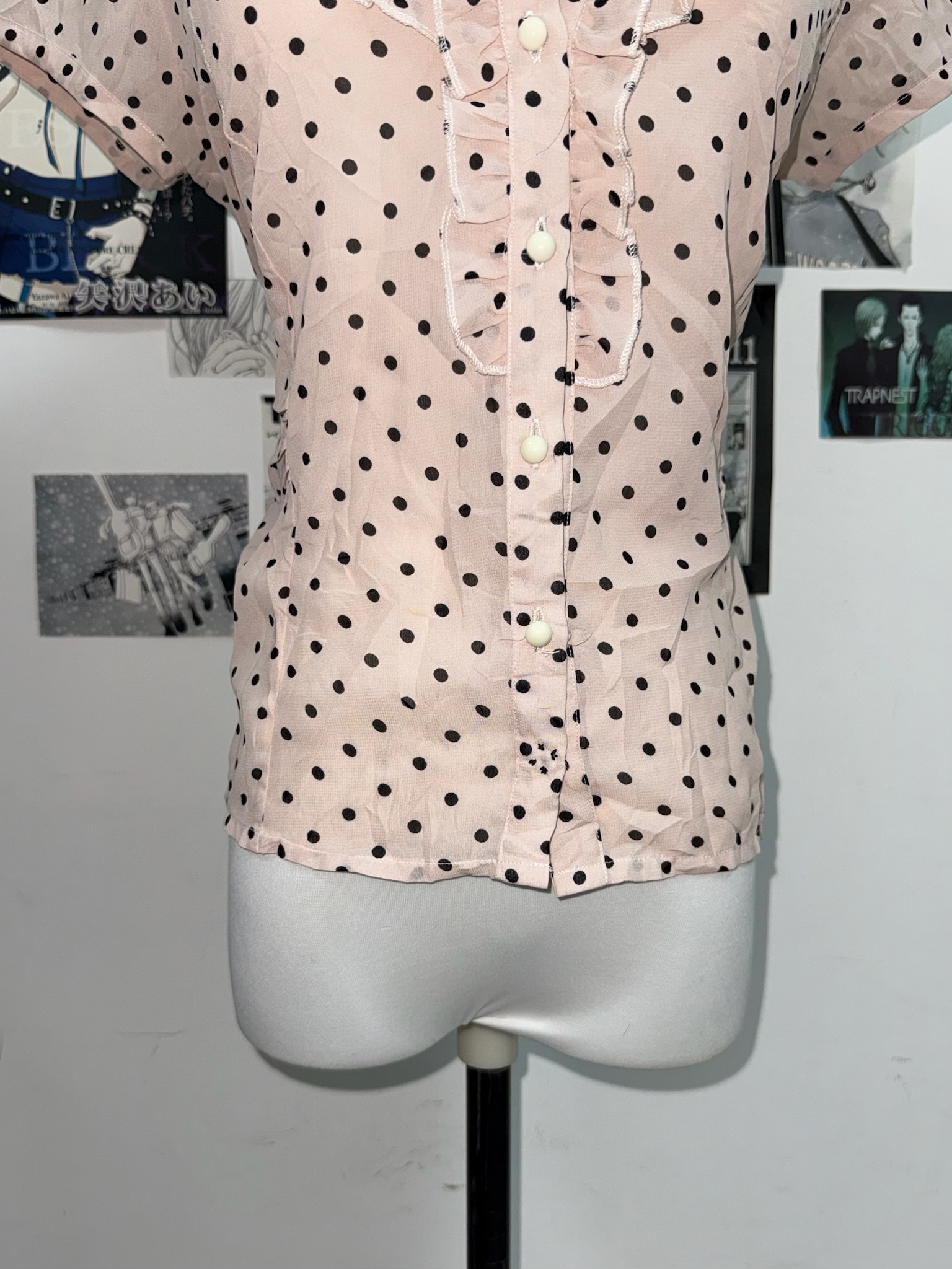 Pink Polka Dot Ruffle High Neck Blouse
