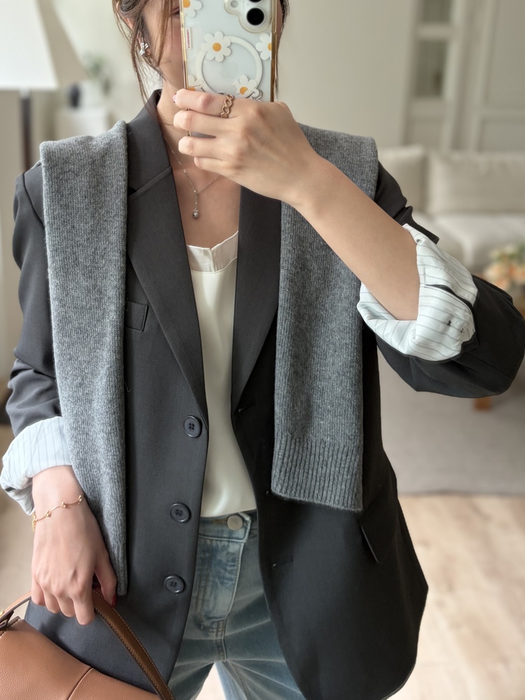 Margot Blazer with Striped Cuffs (Charcoal)