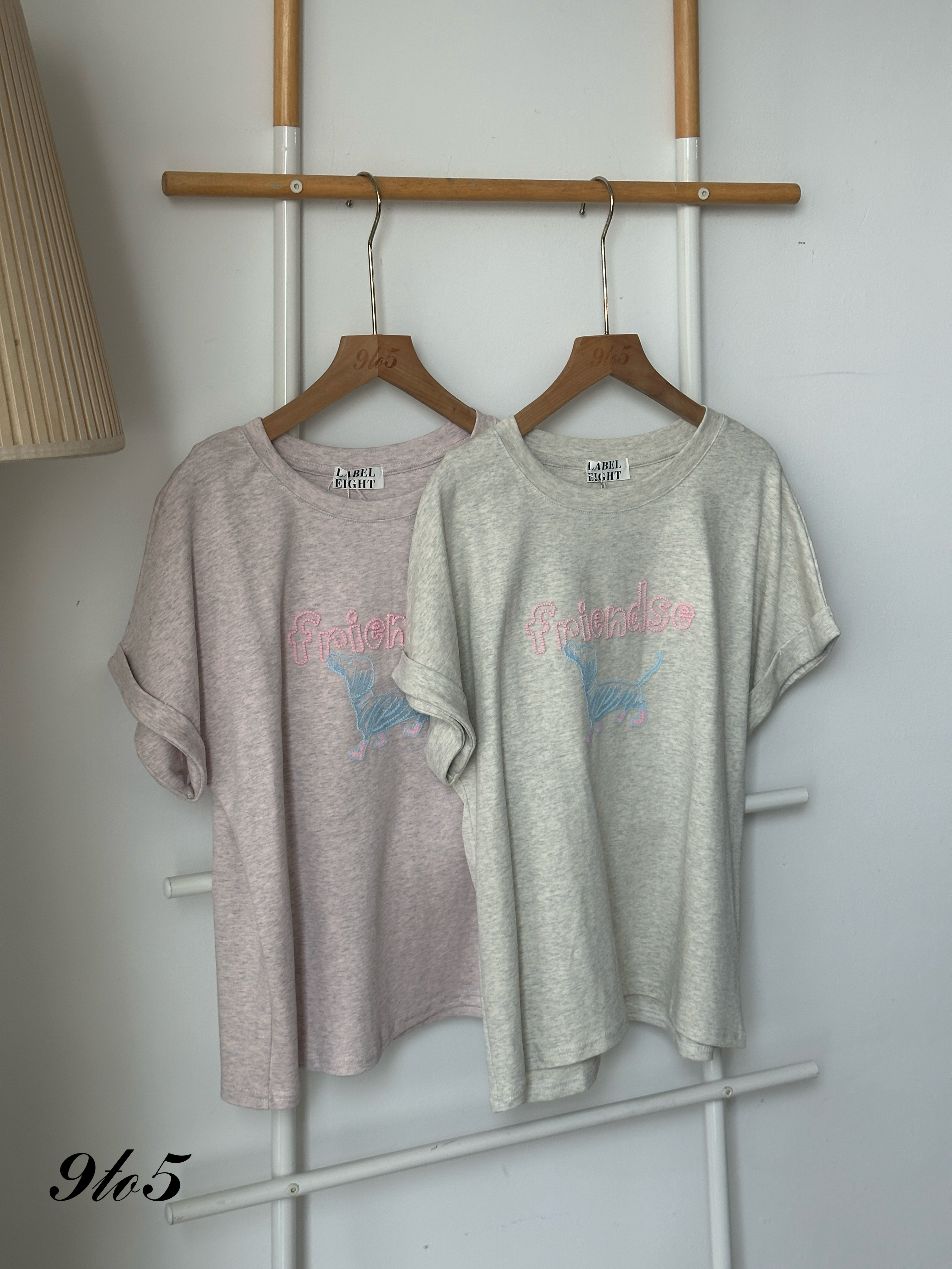 T4059 Dog Embroidery Tee - Grey & Pink