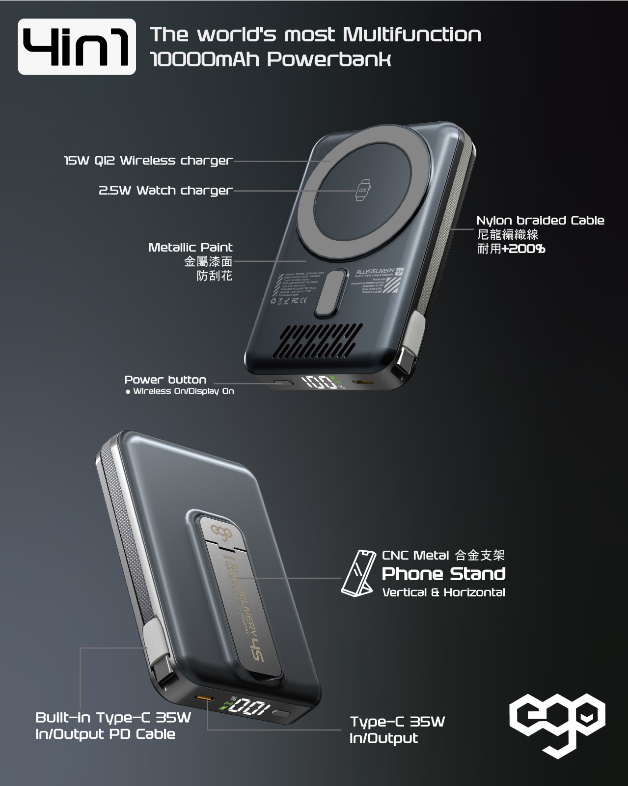 EGO ALLYDELIVERY 4合1多功能10000mAh行動電源：15W Qi無線充電、2.5W Apple Watch充電、35W Type-C雙向快充、CNC金屬支架
