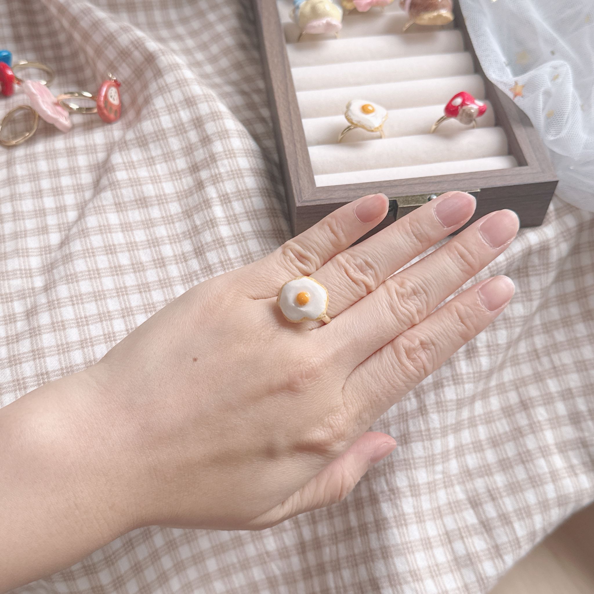 手繪煎蛋🍳蘑菇🍄‍🟫戒指 可調節鬆緊