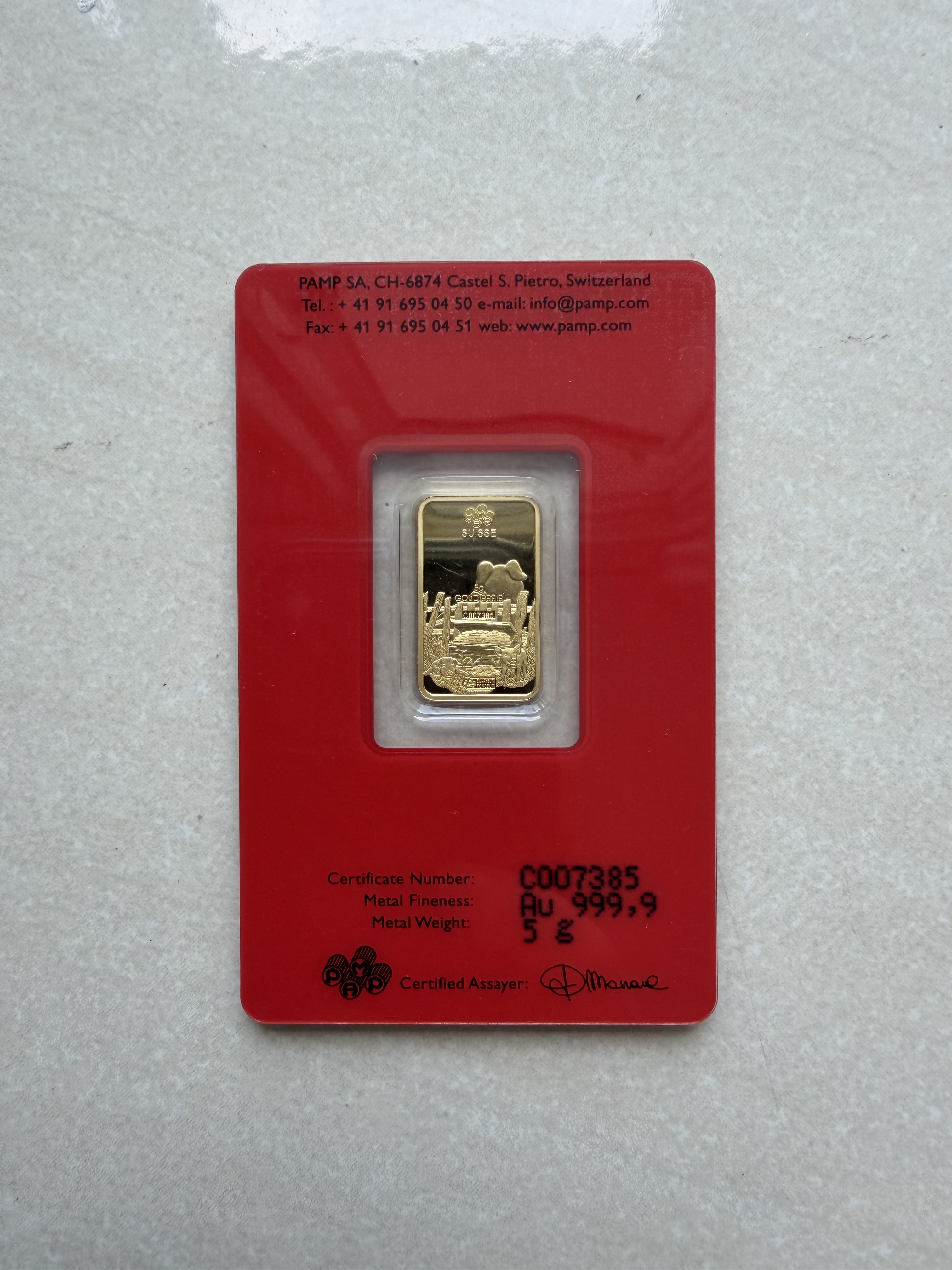 (SN7385) PAMP Lunar Pig 2019 5g 🇨🇭Fine Gold Bar Emas 999.9 生肖猪