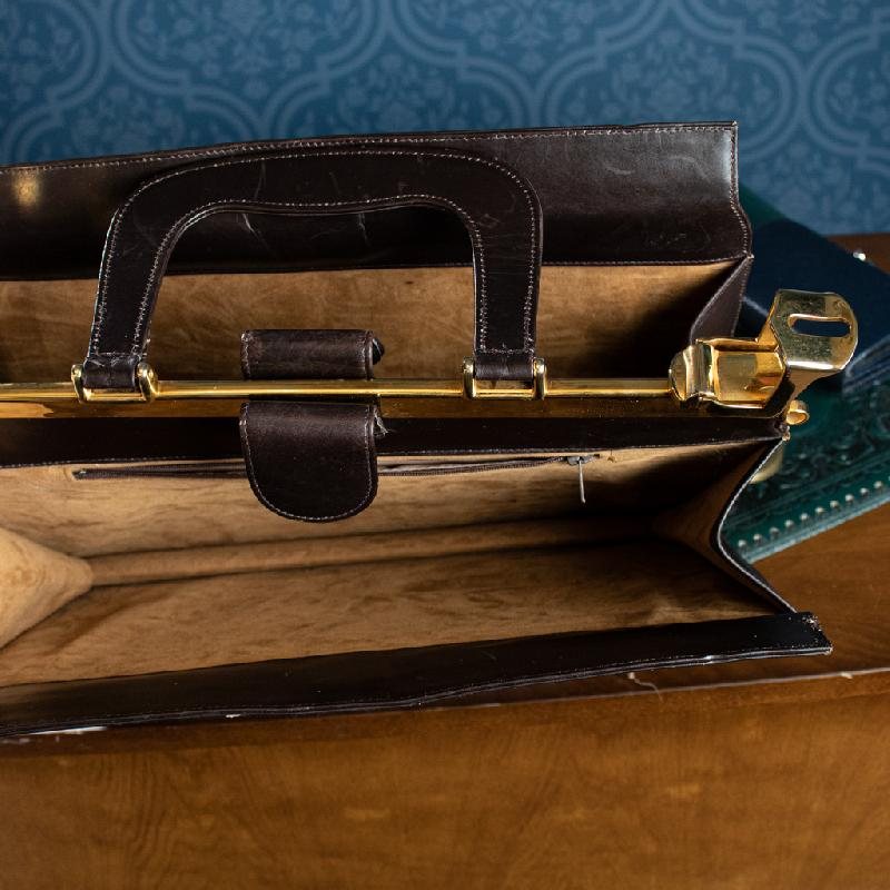 C.a. 1950-60s Chocolate Brown Golden Accent Double-Sided Large Leather Briefcase from Canada(MT664)