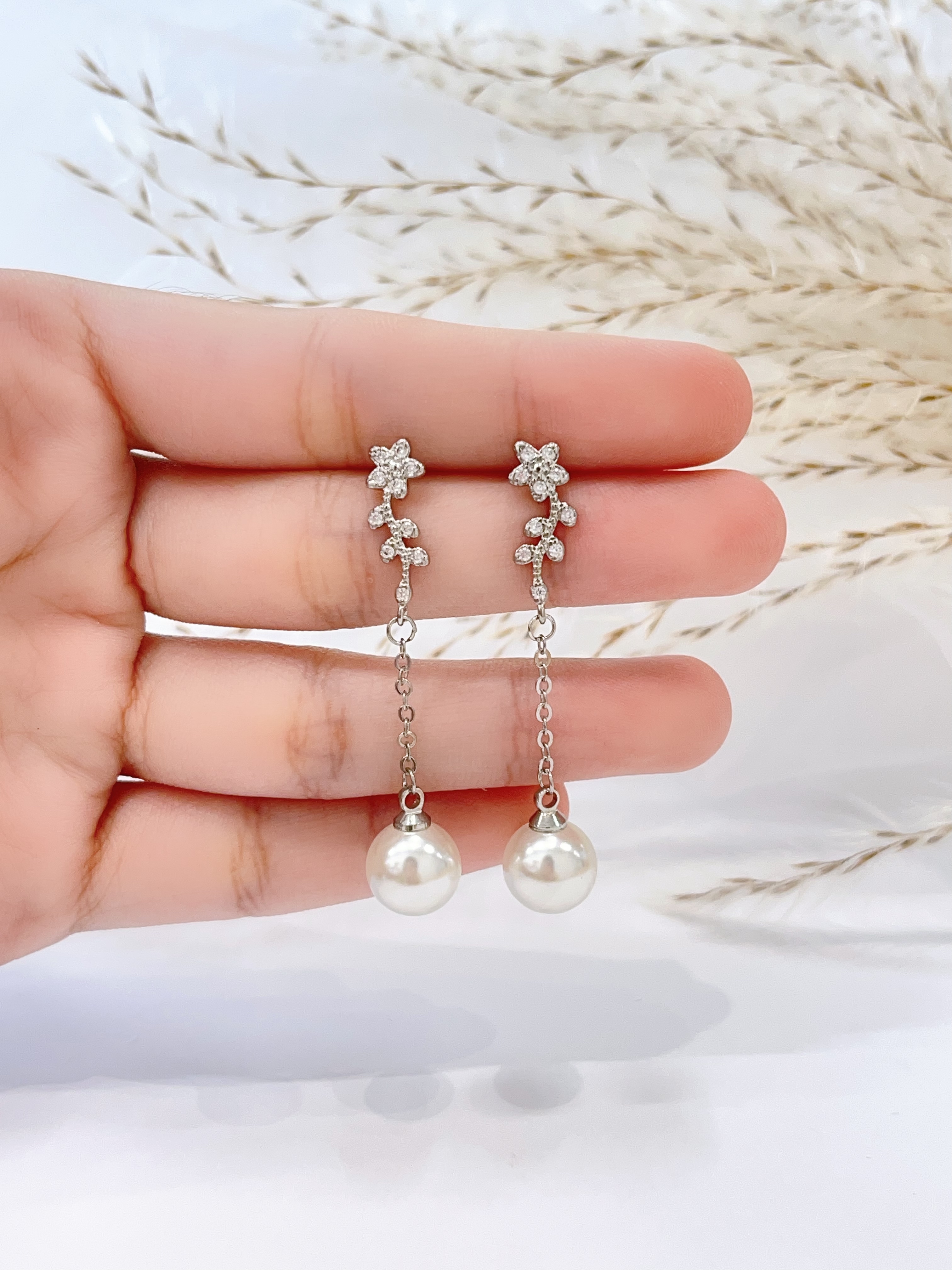 小花花长流苏珍珠耳环