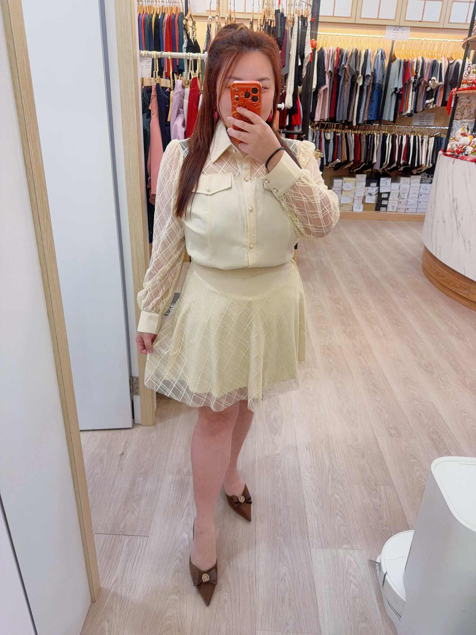 NJB02 TW#3531 排扣拼网纱长袖上衣裤裙套装