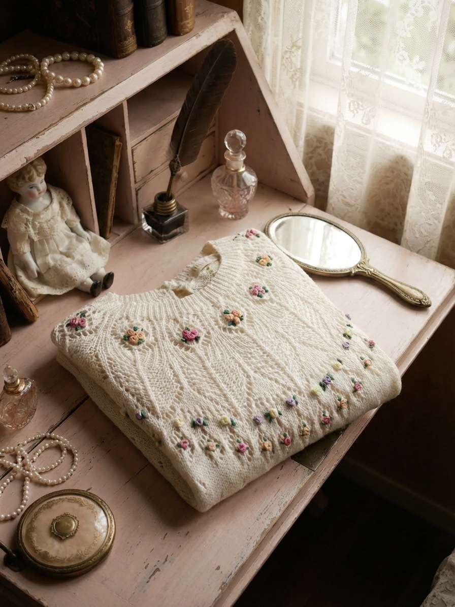 Stumpwork維多利亞手工立體刺繡小花仙子圓領針織