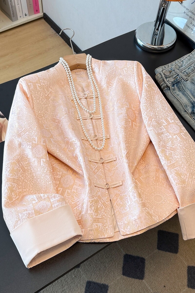 B141(9931) 新中式东方古韵太阳式缎面提花粉外套上衣
