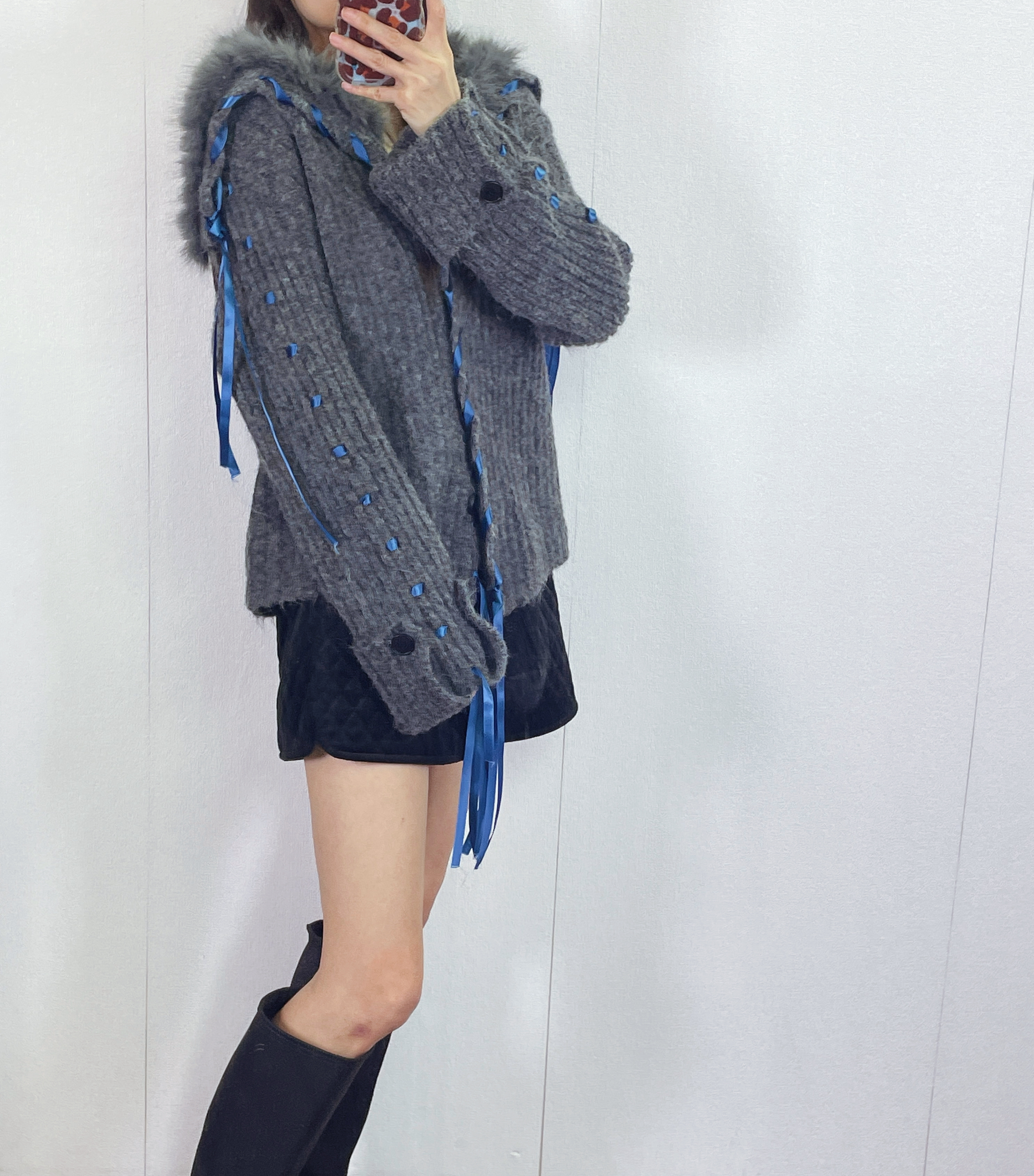 K5531 毛毛領拼絲帶針織外套