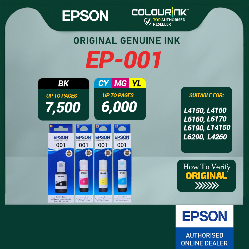 Epson Original Genuine 001 Black Cyan Magenta Yellow Refill Ink Bottle L4150 L4160 L6160 L6170 L6190 L14150 L6290 L4260
