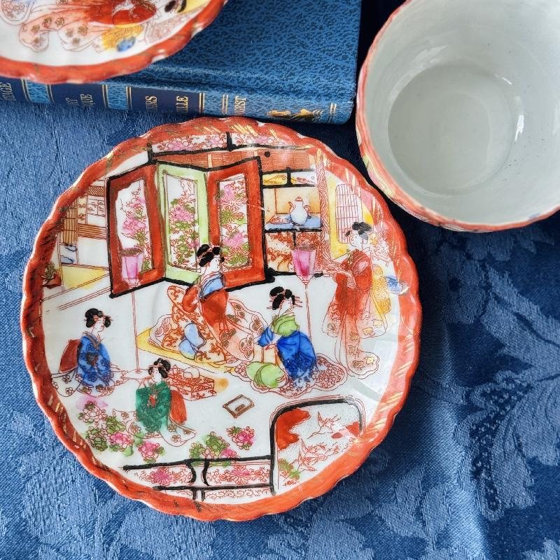 Vintage Pre-1950s Egg-Shell Quality Hand-Painted Japanese Tea Set Pair – Elegant Kimono-Clad Ladies in Traditional Home Scenes(MT2033)
