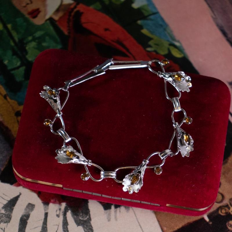 C.a. 1950-60s Canadian Bond Boyd Sterling Silver Calla Lily with Yellow Stone Bracelet & Necklace Set(MT252)