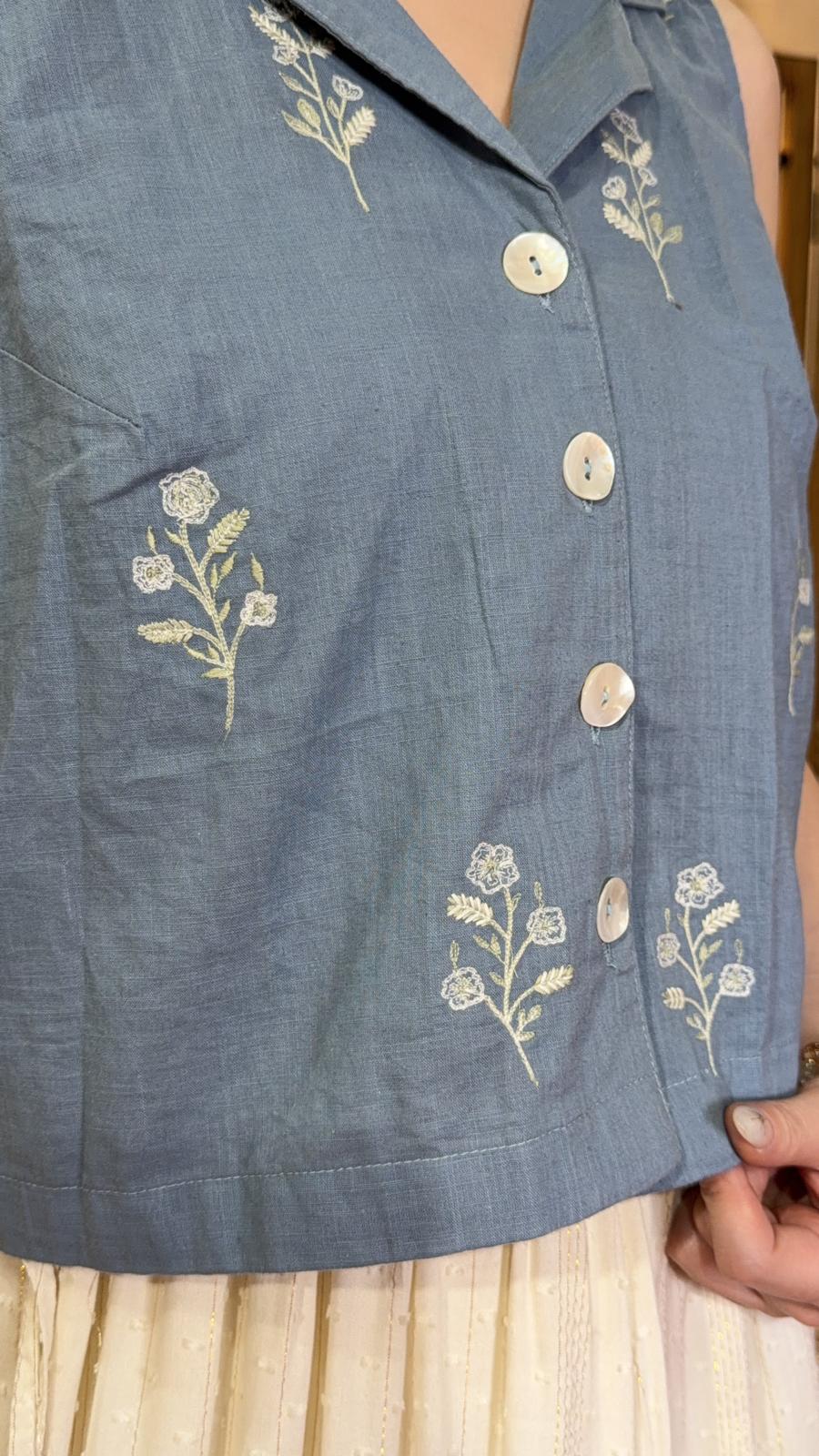 2490 Light Blue Flower Emb. 2 Way Vest