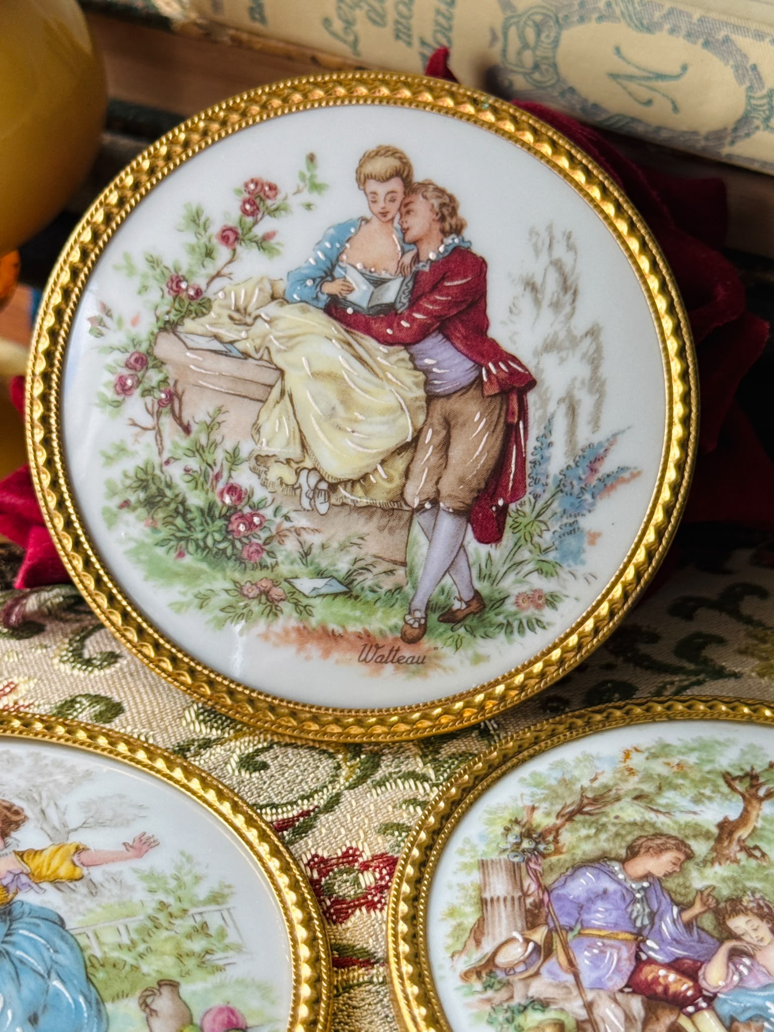 Vintage French Limoges Porcelain Decorative Plaques Rococo courting scenes Gilt metal frames - Set of 3 (MT2632)