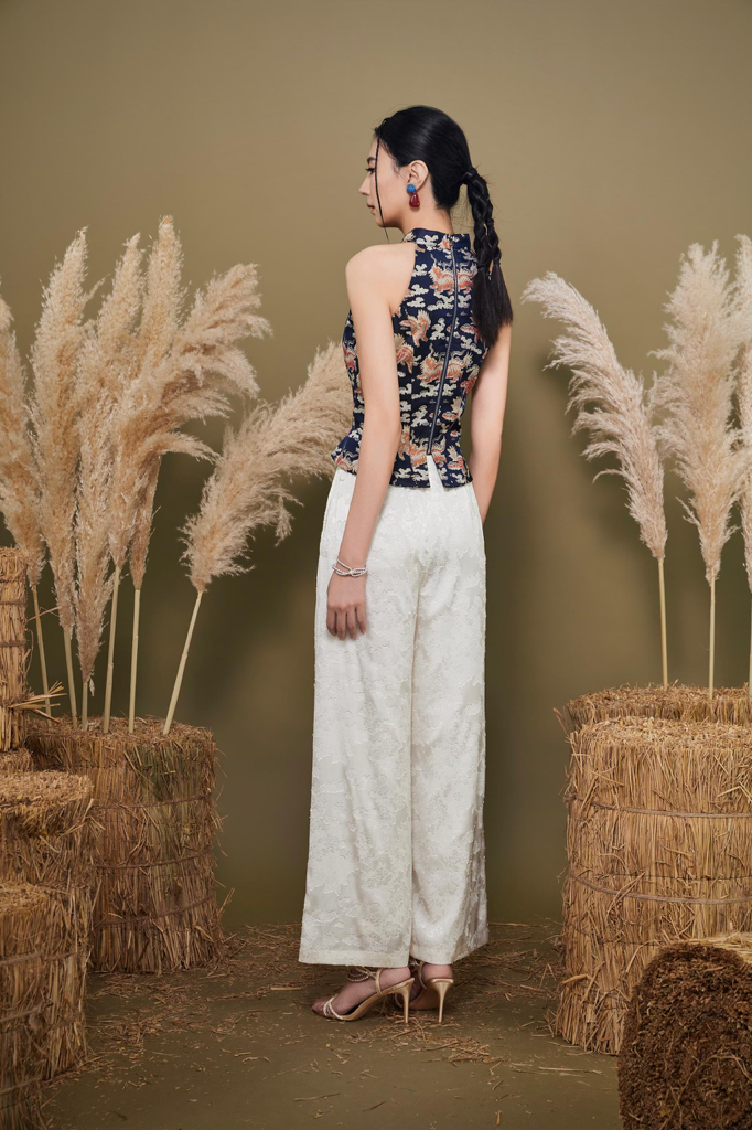 CB2790 Oriental Brocade Halter Peplum Top