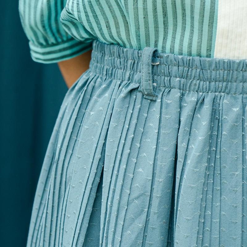 Vintage Japanese Elastic Waist Band Turquoise Textured Fabric Pleated Skirt (MT1606-21)