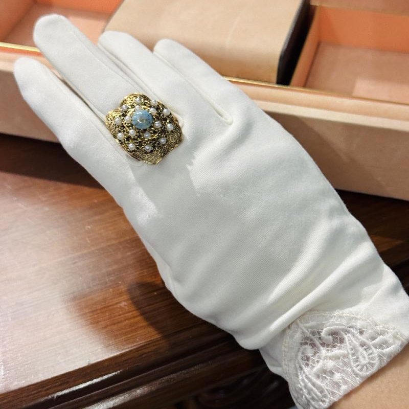 c.a. 1960s German New Old Stock Light Blue Glass Pearl Bead Ring - Adjustable size (C015)