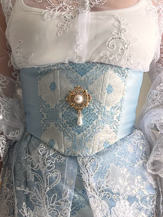 Songket Underbust Corset and Pareo Skirt in Light Blue with Angel Blouse in True White