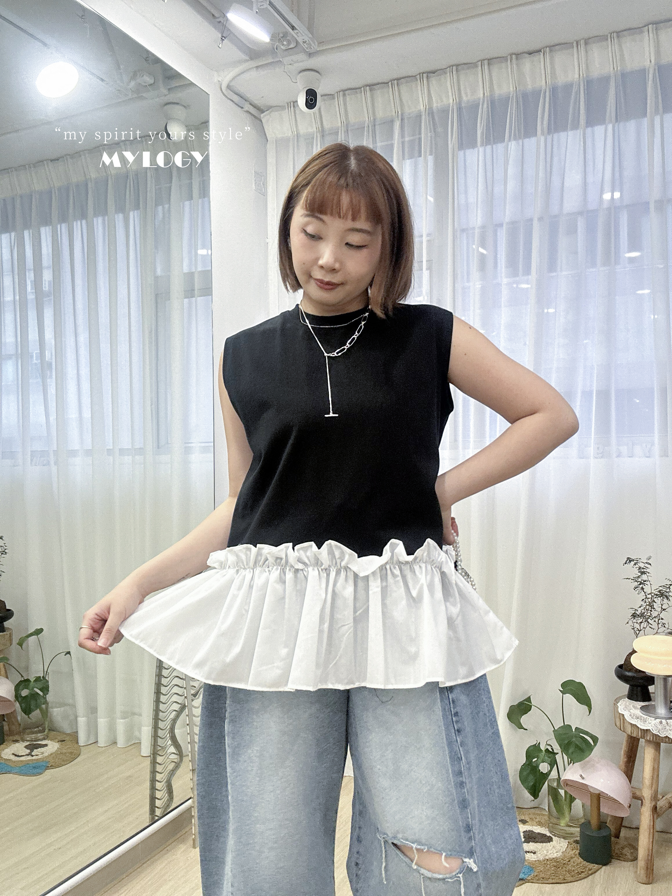 個性外帶少甜～拼色小裙擺背心 MIE0003 - 黑色 Black